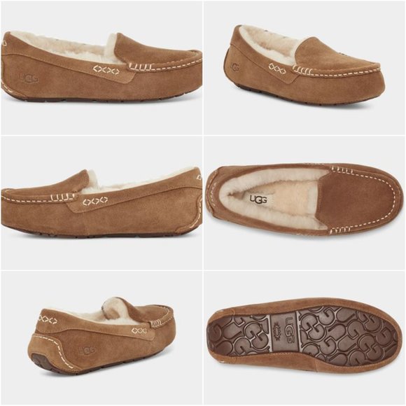 UGG 'ANSLEY' SHEARLING WOOL MOCCOSIAN SLIPPERS 'RICH CHESNUT' SUEDE - Picture 13 of 16